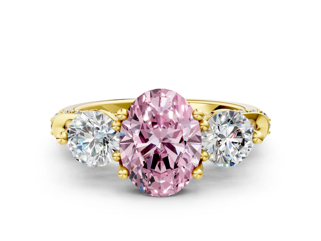 Yellow gold Fancy Pink Oval Cut Diamond Three-Stone Ring with Prong Setting and Pavé Band