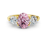 Yellow gold Fancy Pink Oval Cut Diamond Three-Stone Ring with Prong Setting and Pavé Band