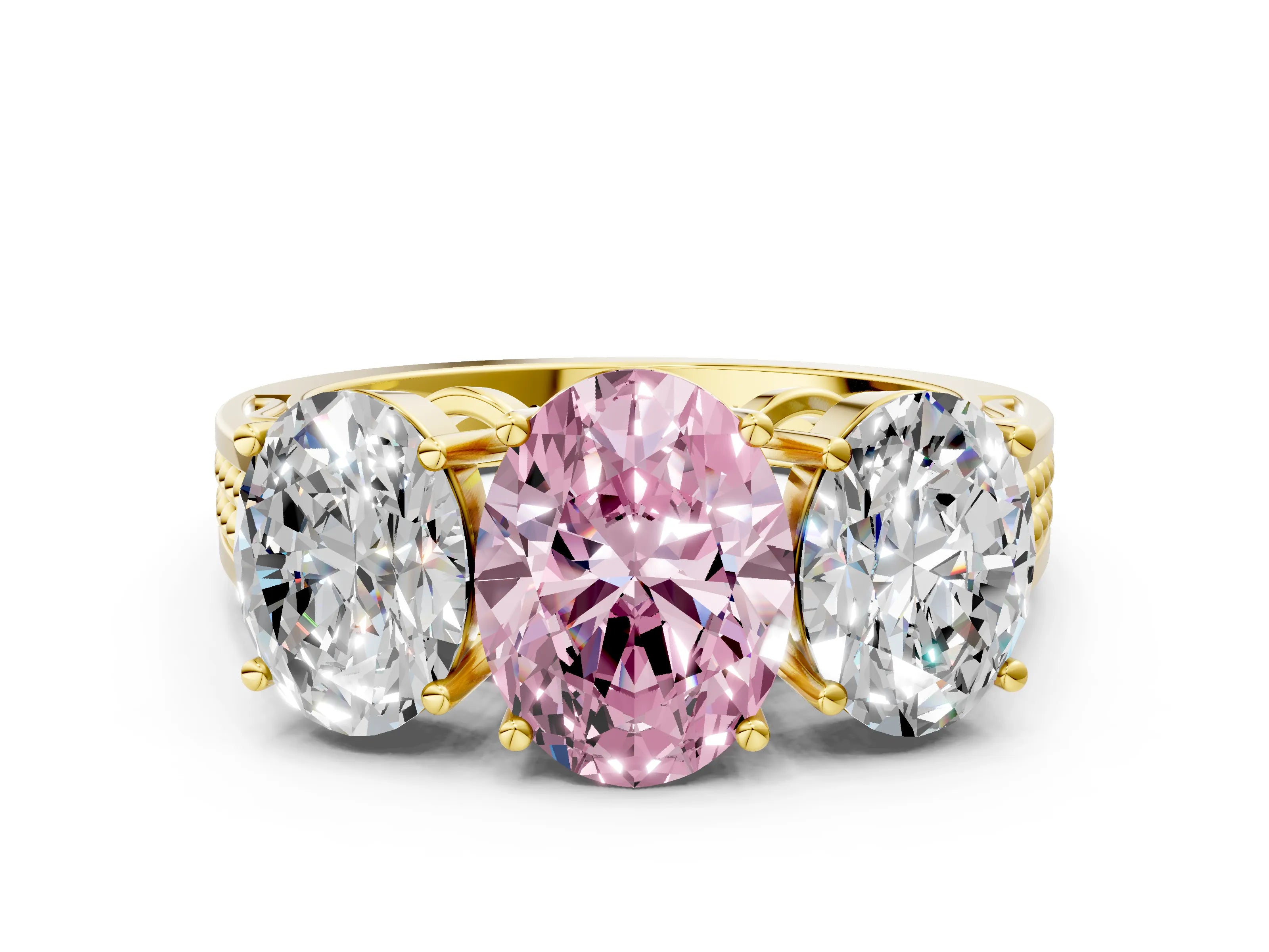 Yellow gold Fancy Pink Oval Cut Diamond Three-Stone Ring with Prong Setting and Textured Band_12