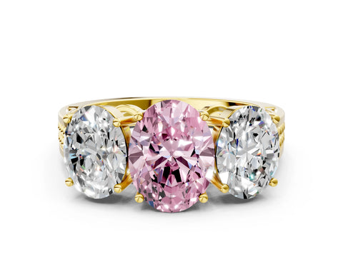 Yellow gold Fancy Pink Oval Cut Diamond Three-Stone Ring with Prong Setting and Textured Band_12