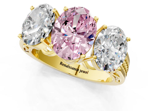 Yellow gold Fancy Pink Oval Cut Diamond Three-Stone Ring with Prong Setting and Textured Band_13