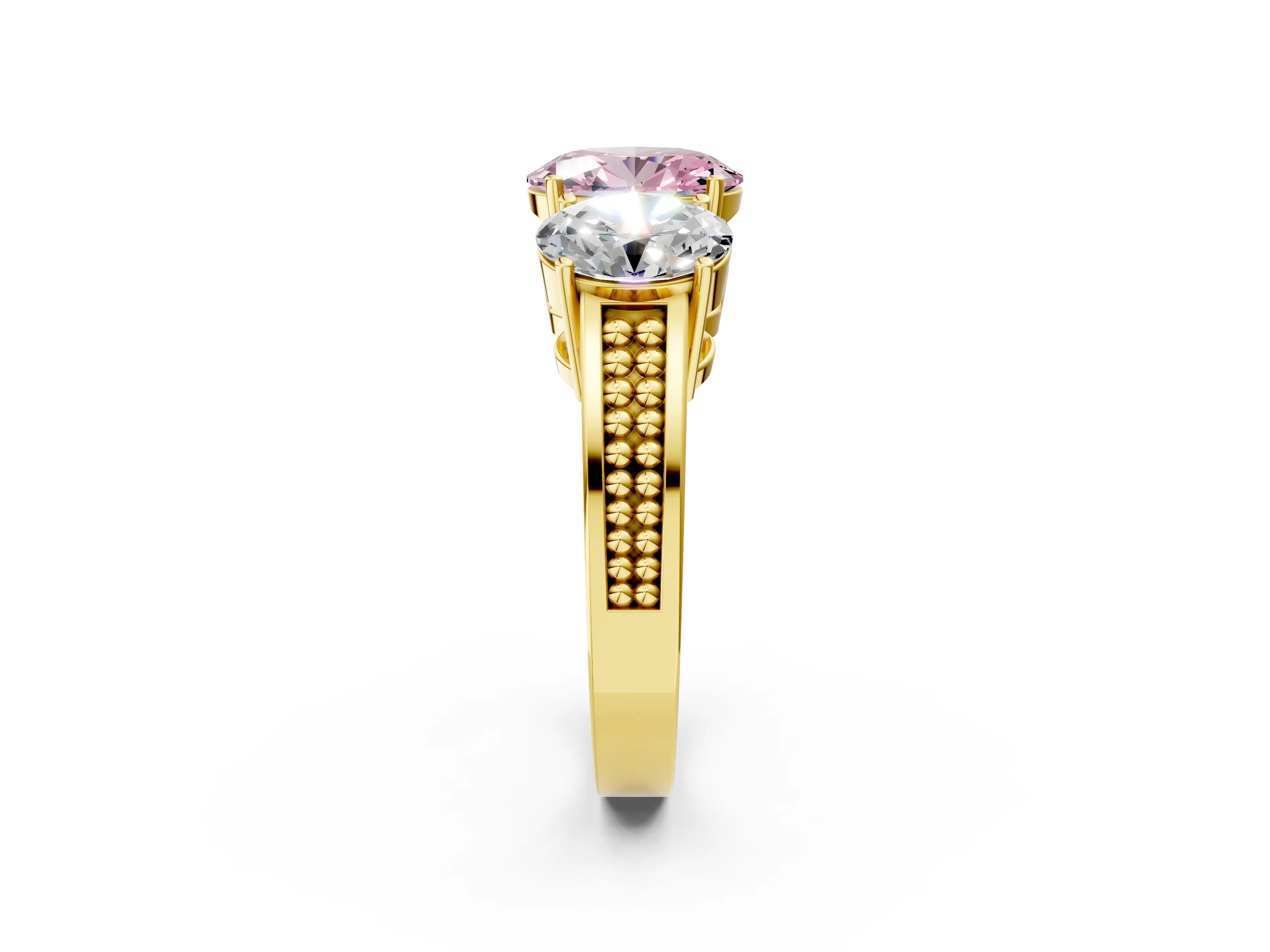 Yellow gold Fancy Pink Oval Cut Diamond Three-Stone Ring with Prong Setting and Textured Band_14