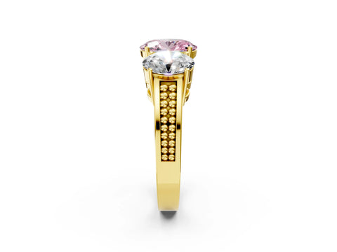 Yellow gold Fancy Pink Oval Cut Diamond Three-Stone Ring with Prong Setting and Textured Band_14
