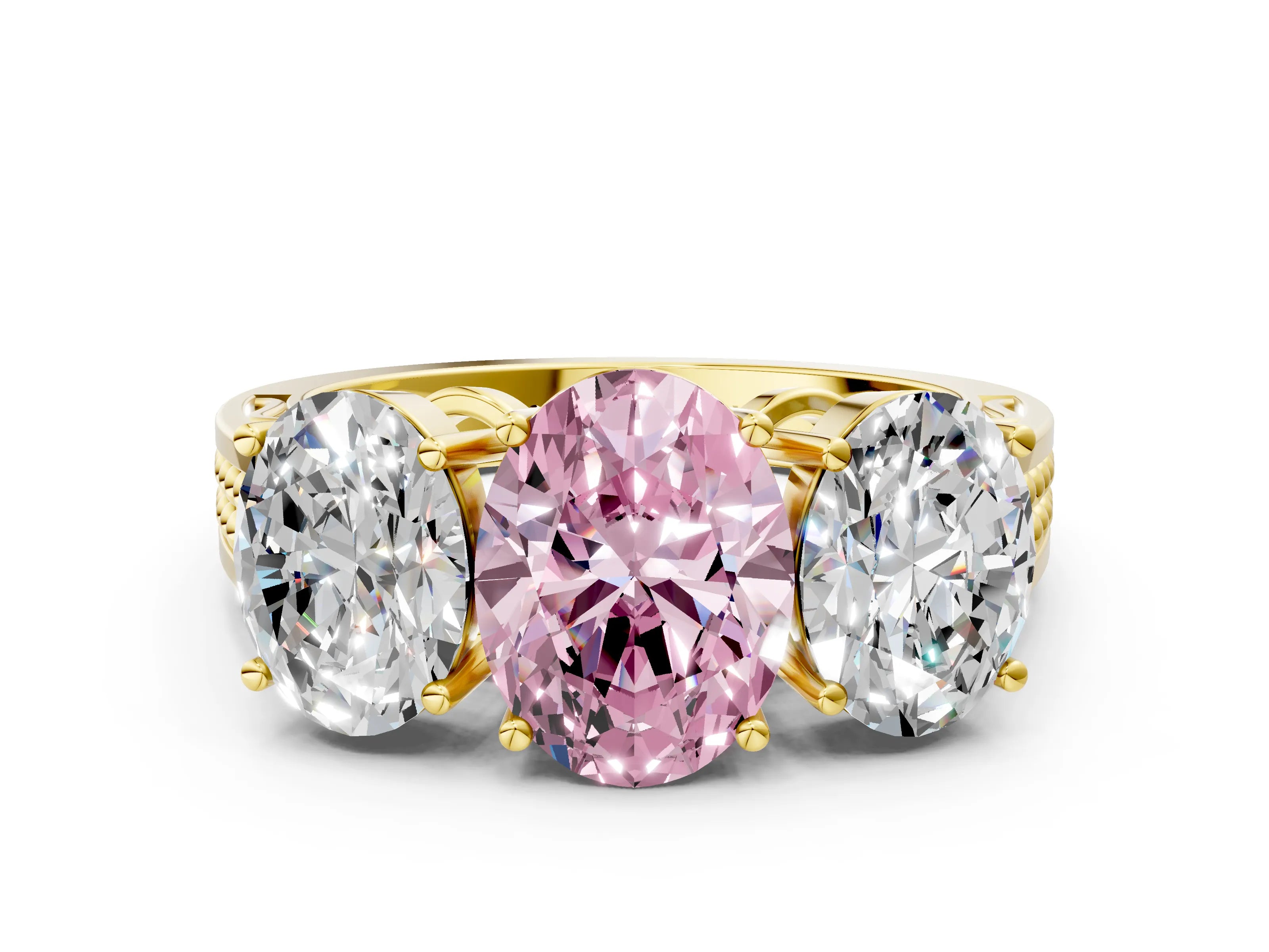 Yellow gold Fancy Pink Oval Cut Diamond Three-Stone Ring with Prong Setting and Textured Band_24