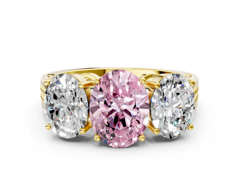 Yellow gold Fancy Pink Oval Cut Diamond Three-Stone Ring with Prong Setting and Textured Band_24