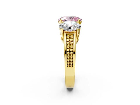 Yellow gold Fancy Pink Oval Cut Diamond Three-Stone Ring with Prong Setting and Textured Band_26