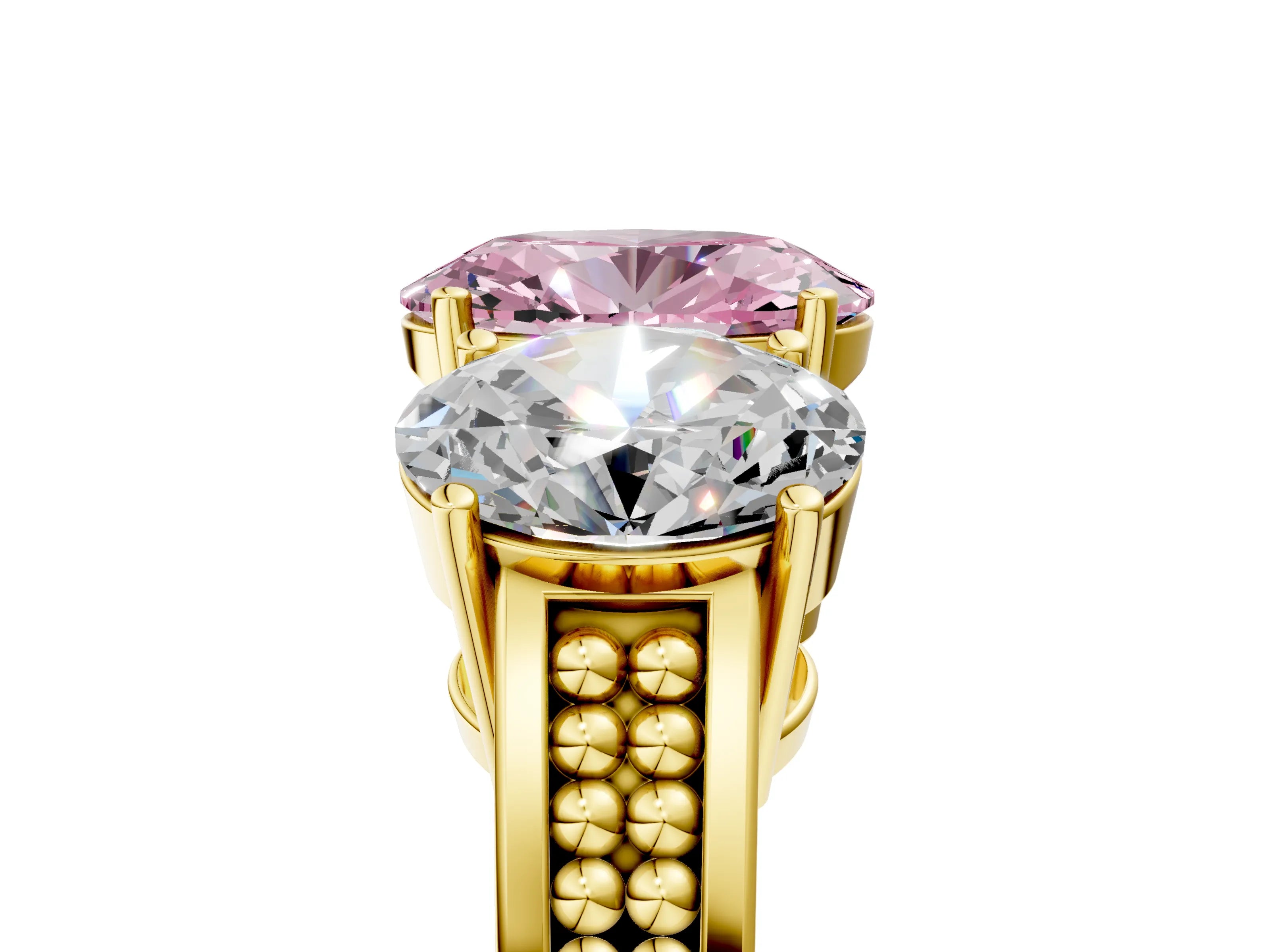 Yellow gold Fancy Pink Oval Cut Diamond Three-Stone Ring with Prong Setting and Textured Band_29