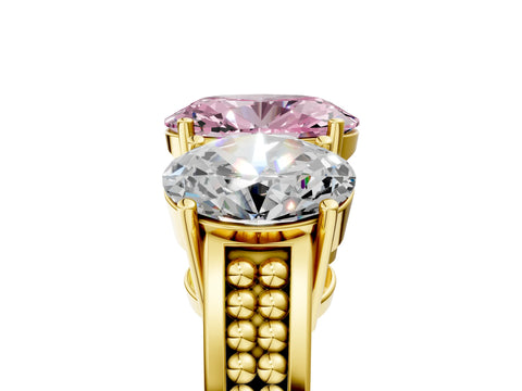 Yellow gold Fancy Pink Oval Cut Diamond Three-Stone Ring with Prong Setting and Textured Band_29