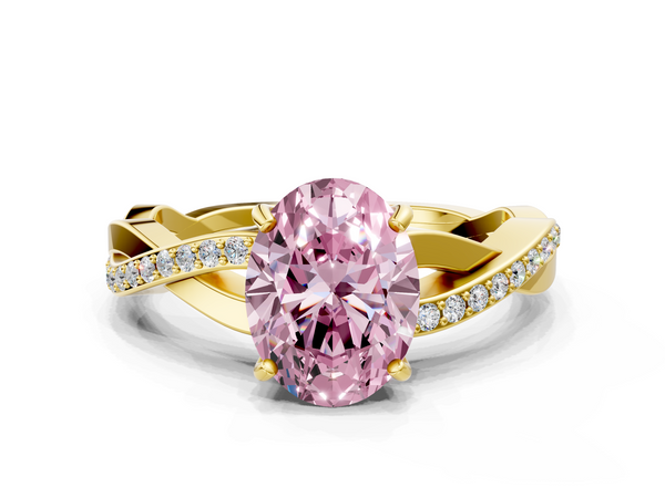 Yellow gold Fancy Pink Oval  Cut Diamond Twisted Band Engagement Ring with Prong Setting