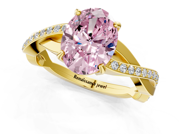 Yellow gold Fancy Pink Oval  Cut Diamond Twisted Band Engagement Ring with Prong Setting