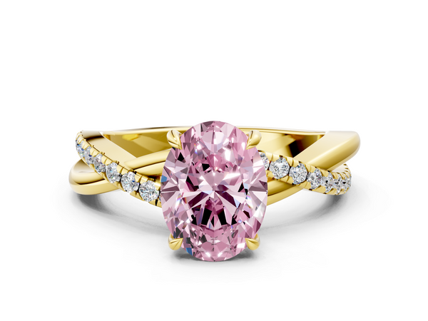 Yellow gold Fancy Pink Oval  Cut Diamond Twisted Band with Pavé Setting and Four-Prong Setting