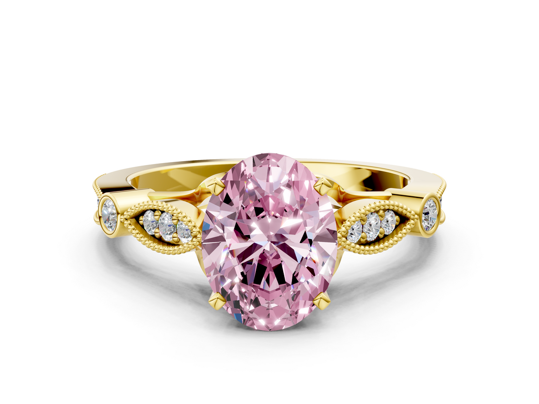 Yellow gold Fancy Pink Oval  Cut Diamond with Milgrain Marquise and Bezel Accents on a Solitaire Band with Prong Setting_212