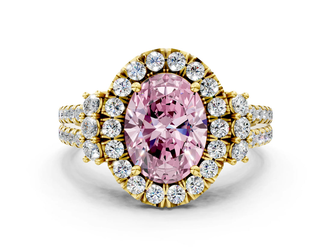 Yellow gold Fancy Pink Oval  Cut Double Halo Diamond Engagement Ring with Pave Band and Four-Prong Setting_42