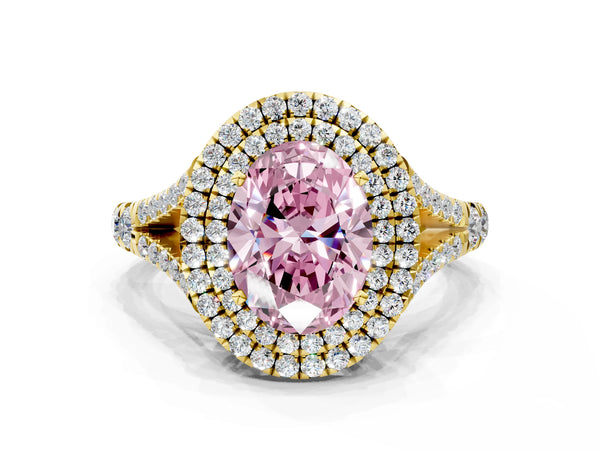 Yellow gold Fancy Pink Oval  Cut Double Halo Split Shank Diamond Ring with Prong Setting