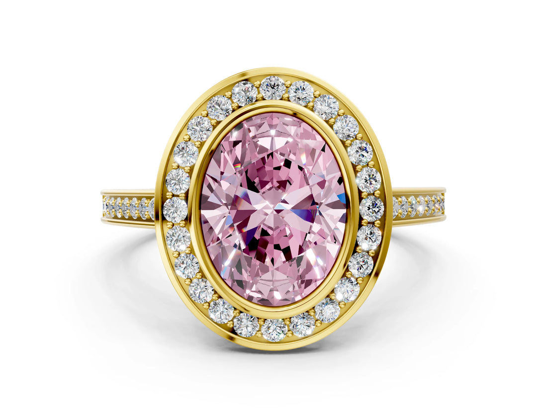 Yellow gold Fancy Pink Oval Cut Halo Bezel Diamond Pave Band Ring