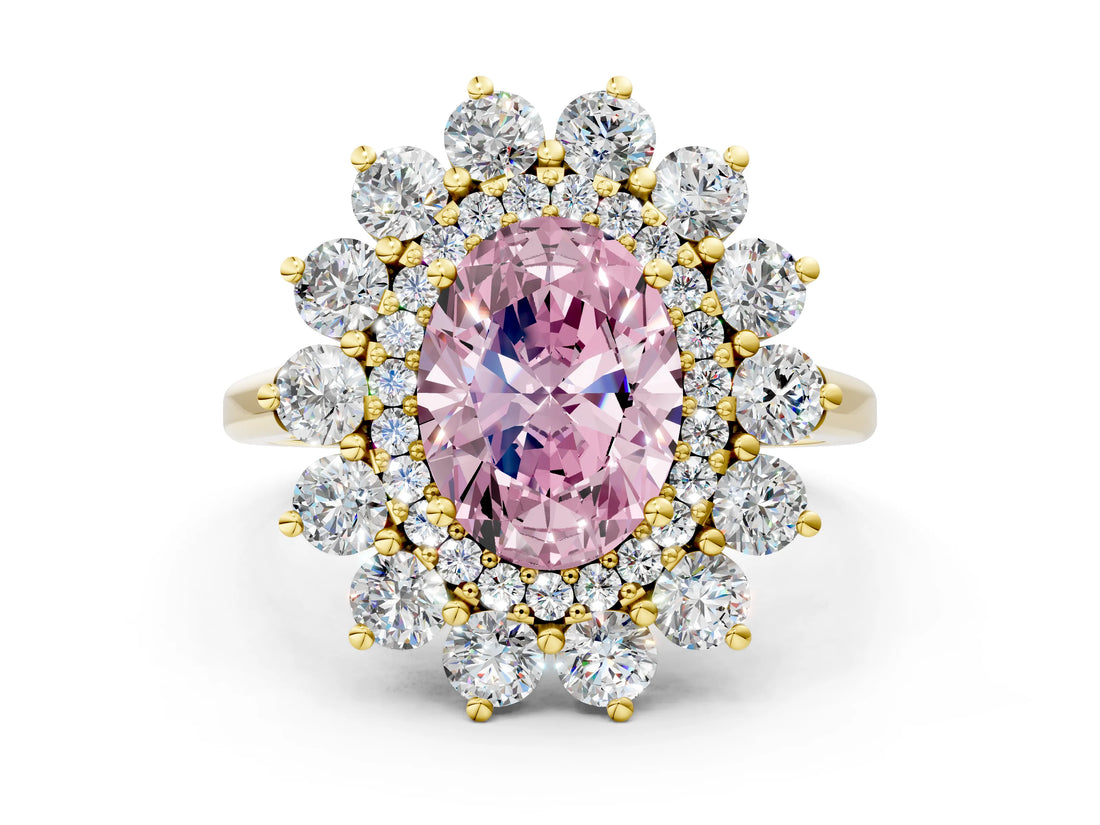 Yellow gold Fancy Pink Oval Cut Halo Cluster Diamond Ring with Pave Band and Four-Prong Setting_12