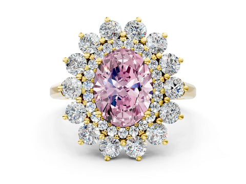 Yellow gold Fancy Pink Oval Cut Halo Cluster Diamond Ring with Pave Band and Four-Prong Setting_12