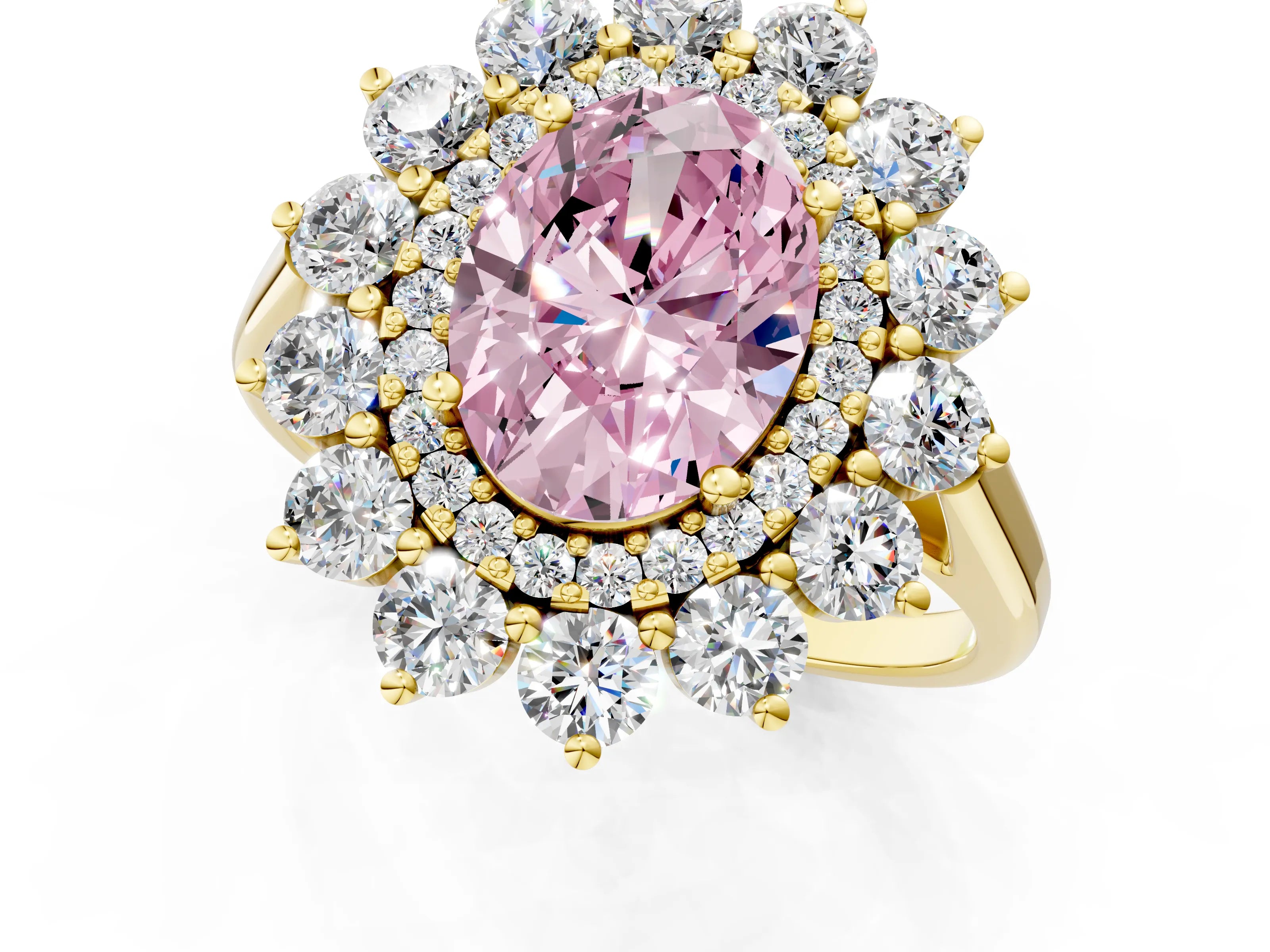 Yellow gold Fancy Pink Oval Cut Halo Cluster Diamond Ring with Pave Band and Four-Prong Setting_13