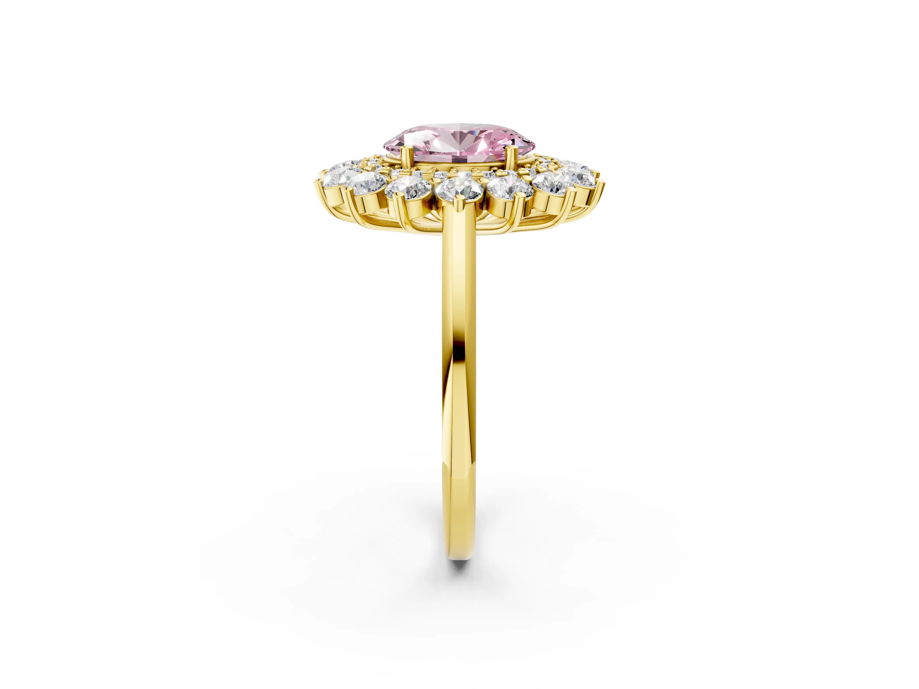 Yellow gold Fancy Pink Oval Cut Halo Cluster Diamond Ring with Pave Band and Four-Prong Setting_14