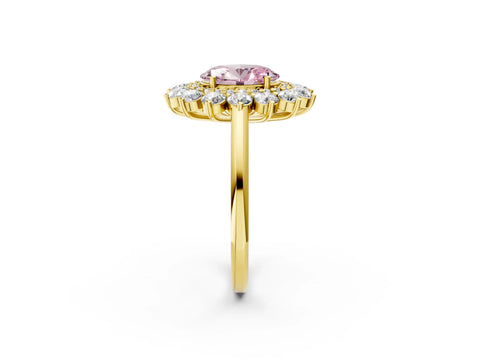 Yellow gold Fancy Pink Oval Cut Halo Cluster Diamond Ring with Pave Band and Four-Prong Setting_14