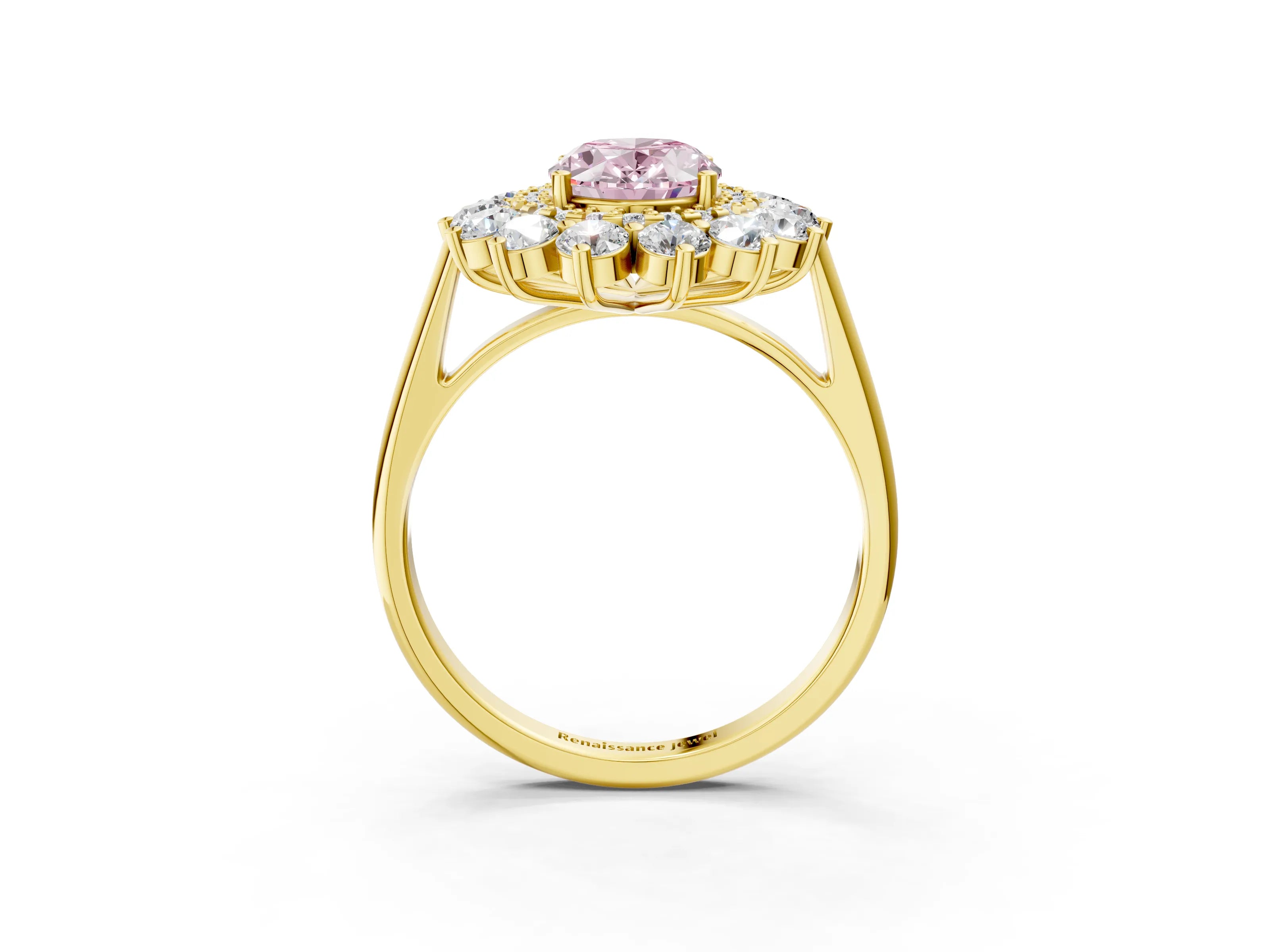 Yellow gold Fancy Pink Oval Cut Halo Cluster Diamond Ring with Pave Band and Four-Prong Setting_15