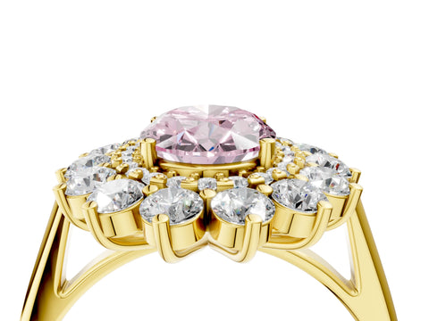 Yellow gold Fancy Pink Oval Cut Halo Cluster Diamond Ring with Pave Band and Four-Prong Setting_16