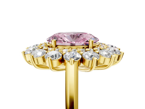 Yellow gold Fancy Pink Oval Cut Halo Cluster Diamond Ring with Pave Band and Four-Prong Setting_17