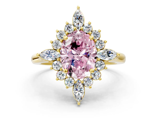 Yellow gold Fancy Pink Oval Cut Starburst Halo Engagement Ring Setting with Marquise and Round Accents