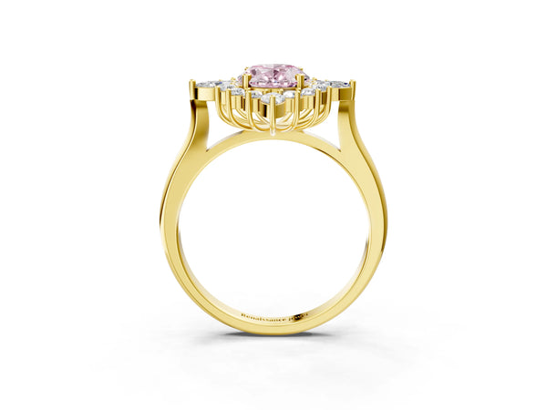 Yellow gold Fancy Pink Oval Cut Starburst Halo Engagement Ring Setting with Marquise and Round Accents