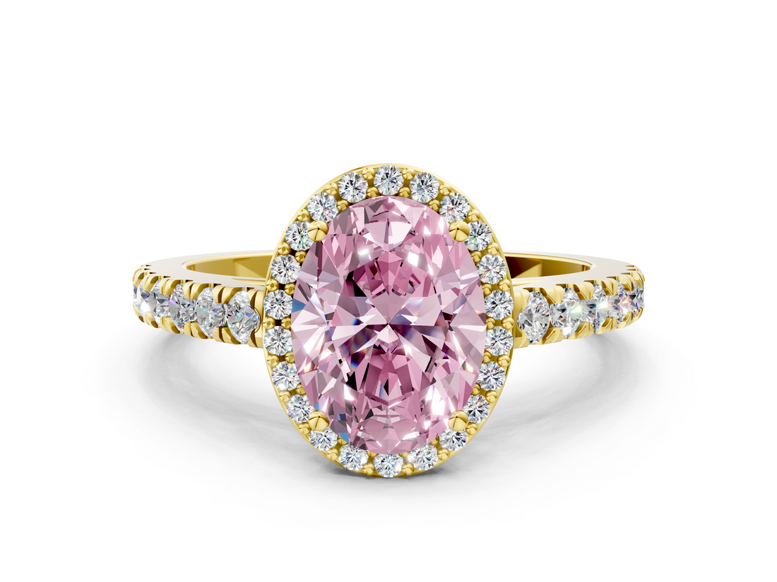 Yellow gold Fancy Pink Oval  Cut Halo Diamond Engagement Ring with Pave Band and Four-Prong Setting_28