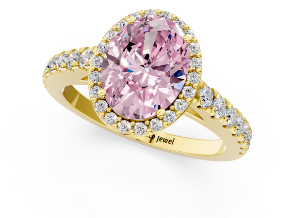 Yellow gold Fancy Pink Oval  Cut Halo Diamond Engagement Ring with Pave Band and Four-Prong Setting