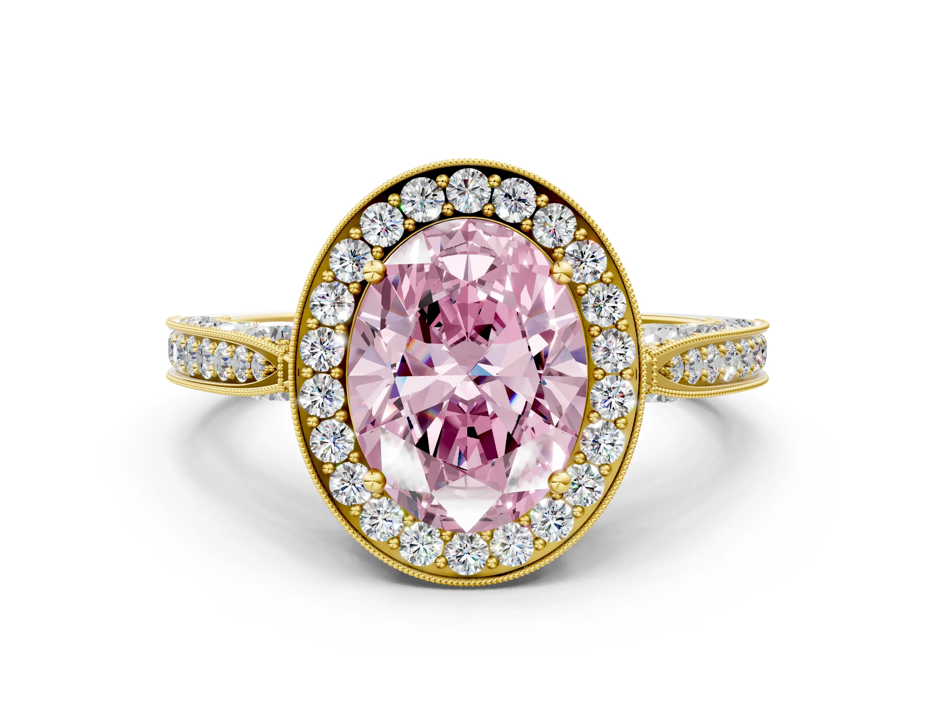 Yellow gold Fancy Pink Oval Cut Halo Diamond Engagement Ring with Split Shank Band and Four-Prong Setting