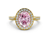 Yellow gold Fancy Pink Oval Cut Halo Diamond Engagement Ring with Split Shank Band and Four-Prong Setting