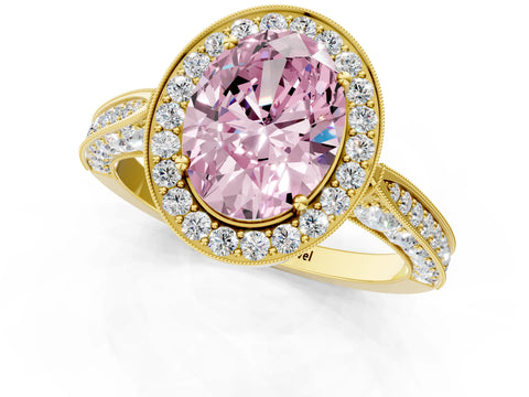 Yellow gold Fancy Pink Oval Cut Halo Diamond Engagement Ring with Split Shank Band and Four-Prong Setting_1