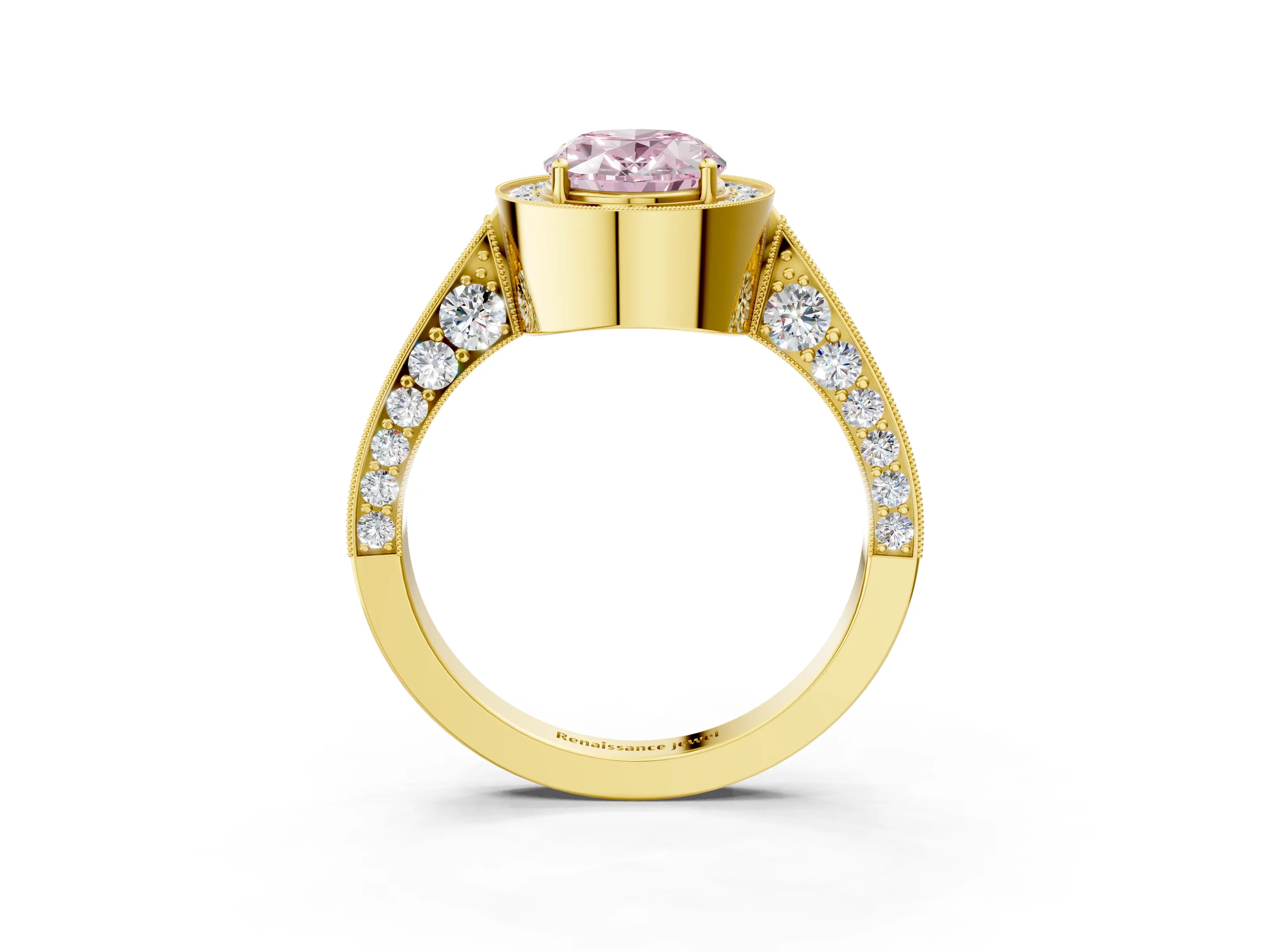 Yellow gold Fancy Pink Oval Cut Halo Diamond Engagement Ring with Split Shank Band and Four-Prong Setting_3