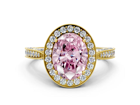 Yellow gold Fancy Pink Oval Cut Halo Diamond Engagement Ring with Split Shank Band and Four-Prong Setting