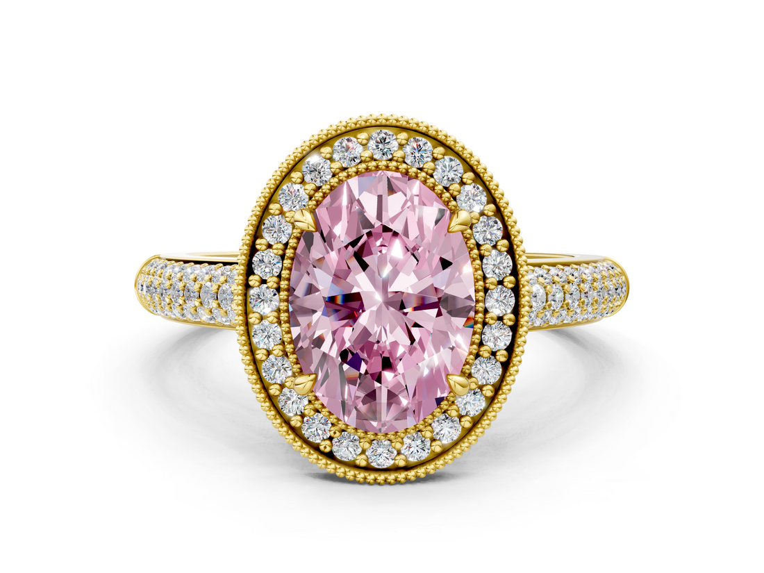 Yellow gold Fancy Pink Oval  Cut Halo Diamond Pave Band with Four-Prong Setting_37