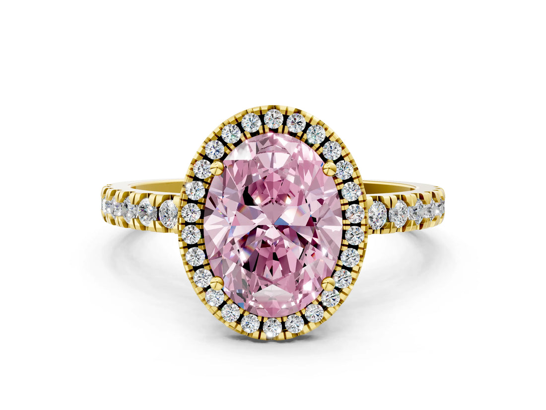 Yellow gold Fancy Pink Oval Cut Halo Diamond Pave Band with Prong Setting