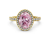Yellow gold Fancy Pink Oval Cut Halo Diamond Pave Band with Prong Setting