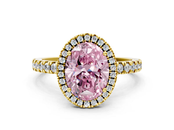 Yellow gold Fancy Pink Oval Cut Halo Diamond Pave Band with Prong Setting