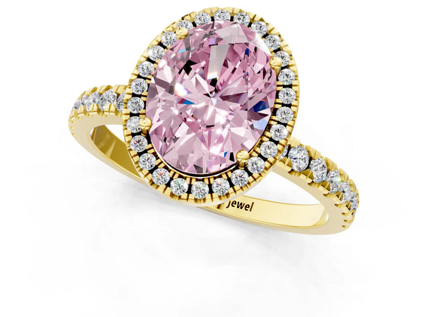 Yellow gold Fancy Pink Oval Cut Halo Diamond Pave Band with Prong Setting
