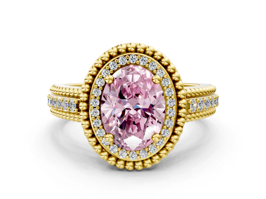 Yellow gold Fancy Pink Oval Cut Halo Diamond Ring with Beaded Split Shank and Four-Prong Setting