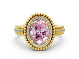 Yellow gold Fancy Pink Oval Cut Halo Diamond Ring with Beaded Split Shank and Four-Prong Setting