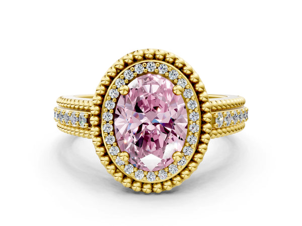 Yellow Gold Oval Beaded Halo Engagement Ring Setting for Fancy Pink Center with Pave
