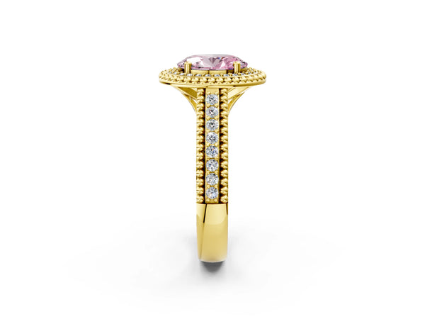 Yellow Gold Oval Beaded Halo Engagement Ring Setting for Fancy Pink Center with Pave