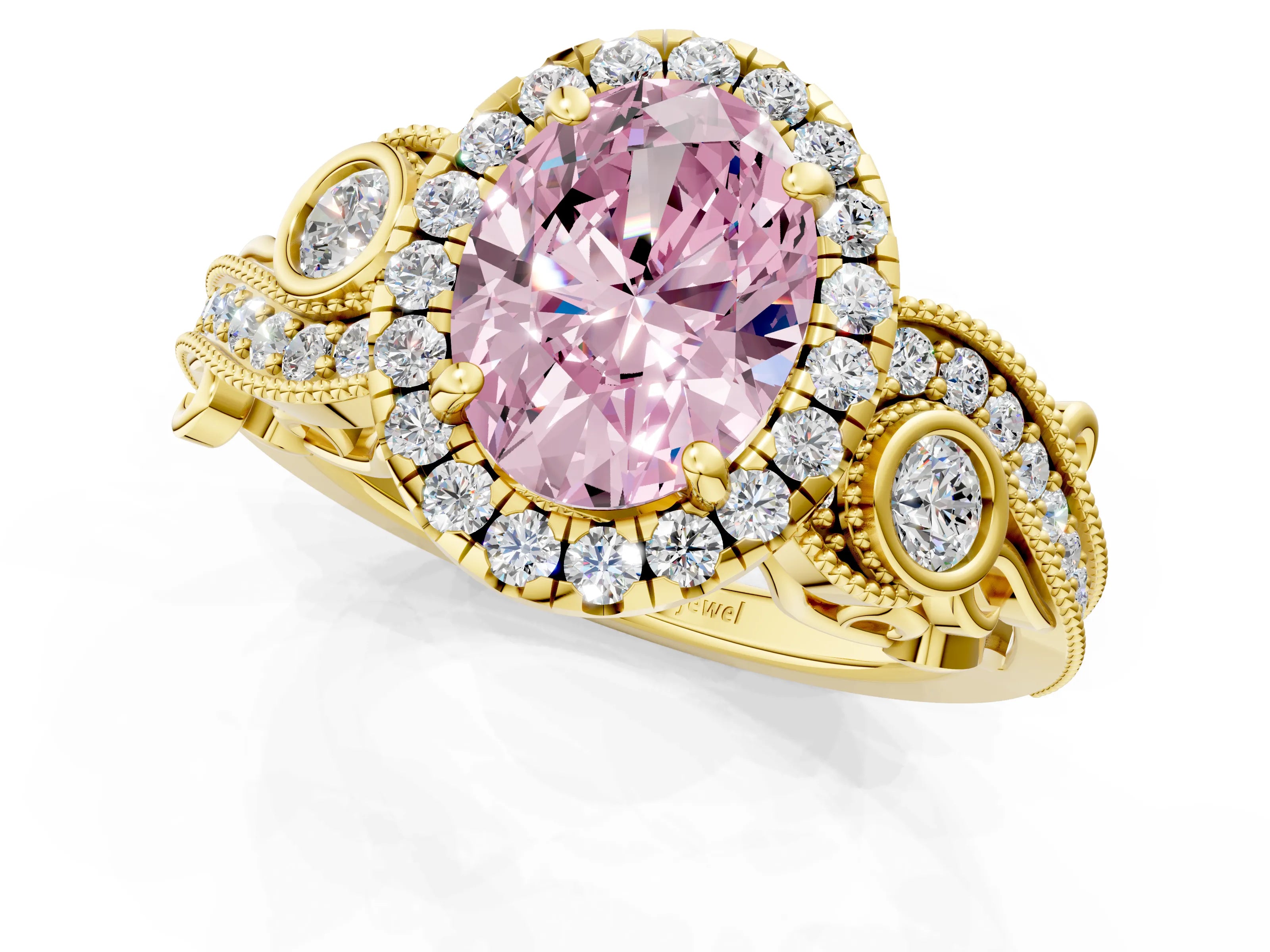Yellow gold Fancy Pink Oval Cut Halo Diamond Ring with Milgrain and Bezel Accents on a Split Shank Band_1