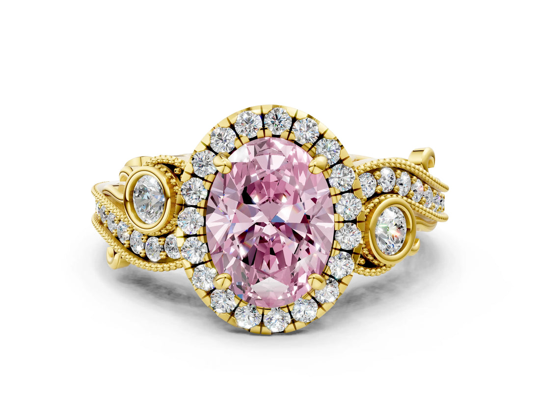 Yellow gold Fancy Pink Oval Cut Halo Diamond Ring with Milgrain and Bezel Accents on a Split Shank Band_13
