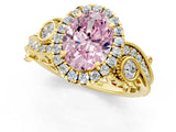 Yellow gold Fancy Pink Oval Cut Halo Diamond Ring with Milgrain and Bezel Accents on a Split Shank Band_14