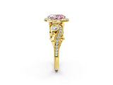 Yellow gold Fancy Pink Oval Cut Halo Diamond Ring with Milgrain and Bezel Accents on a Split Shank Band_15