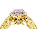 Yellow gold Fancy Pink Oval Cut Halo Diamond Ring with Milgrain and Bezel Accents on a Split Shank Band_17